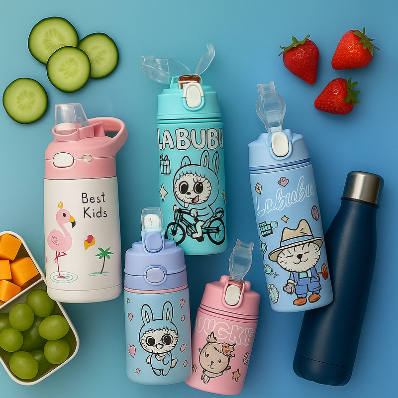 Collection de gourdes isothermes enfant FrescoLunch avec motifs colorés et paille intégrée, idéales pour l’école et les sorties.