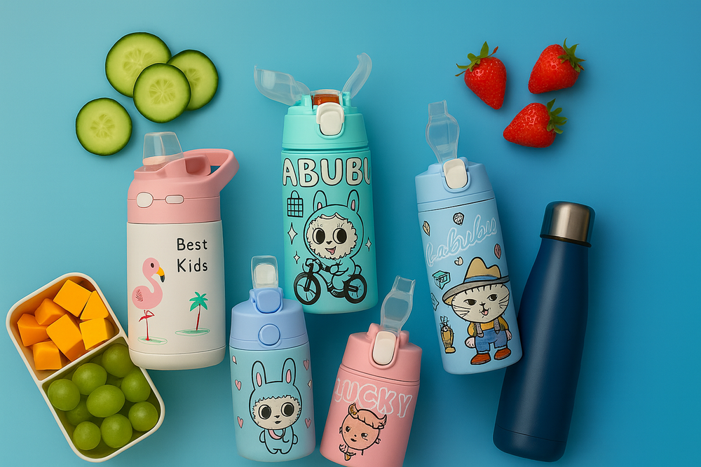 Collection de gourdes isothermes pour enfants FrescoLunch - bouteilles en inox 316 avec motifs animaux et paille rétractable, idéales pour l’école et les sorties.