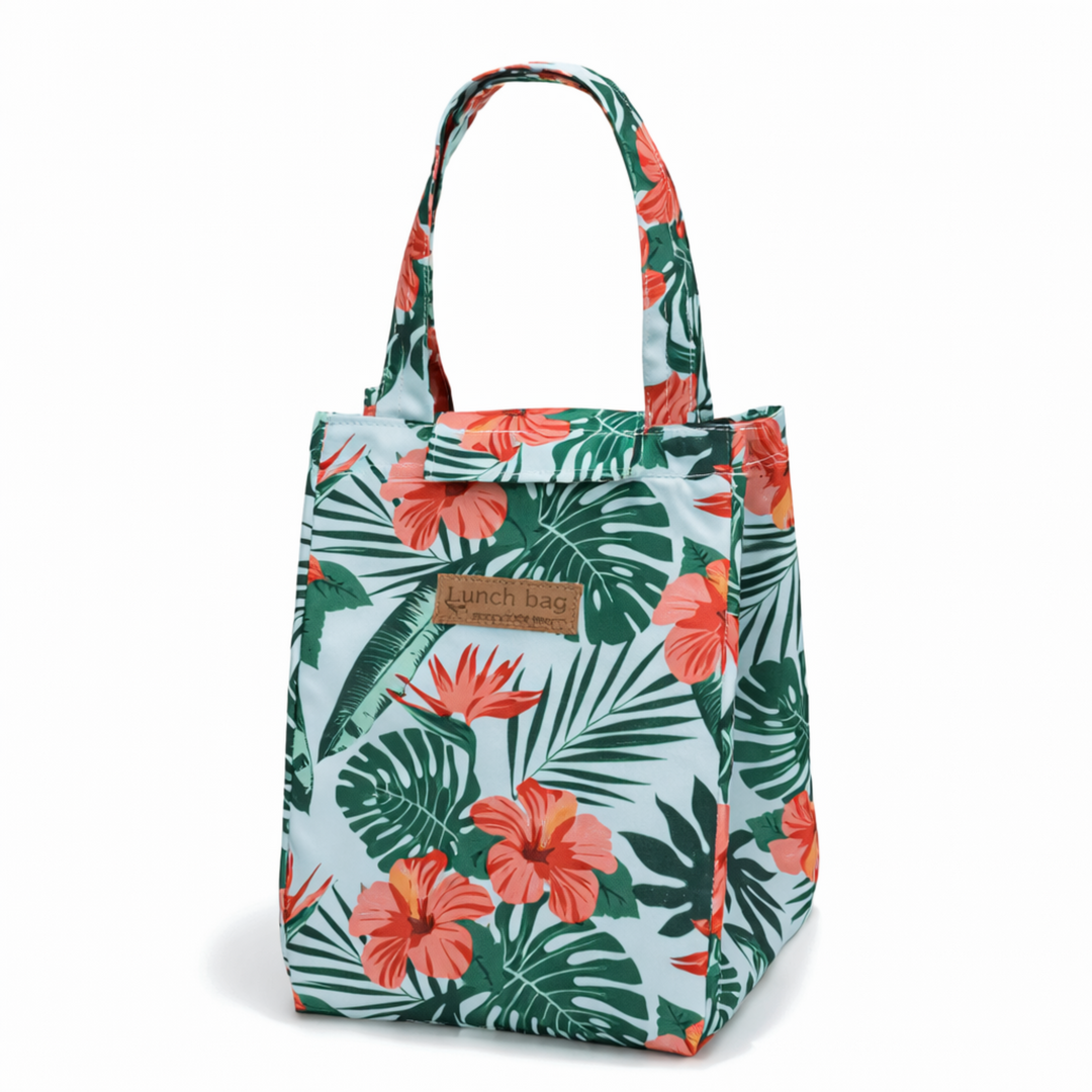 Lunch bag bohème et voyage FrescoLunch, sac repas isotherme motif tropical fleurs et feuilles, fond blanc