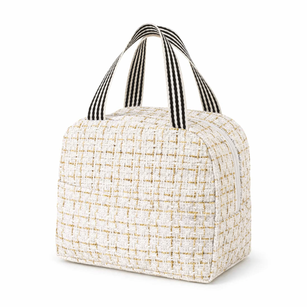 Lunch bag compact et élégant blanc tweed, sac isotherme raffiné et moderne FrescoLunch™, fond blanc

