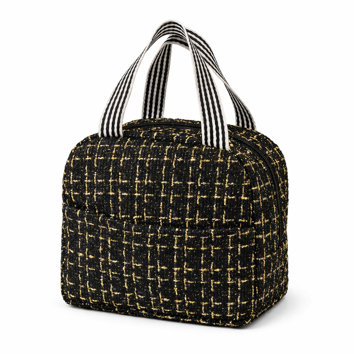 Lunch bag compact et élégant noir tweed, sac isotherme chic et structuré FrescoLunch™, fond blanc