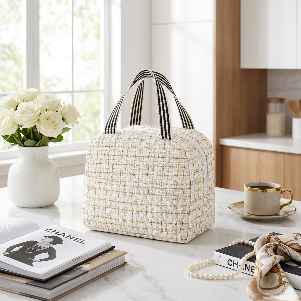 Lunch bag chic en tweed crème posé sur plan de cuisine élégant, style femme active et raffiné
