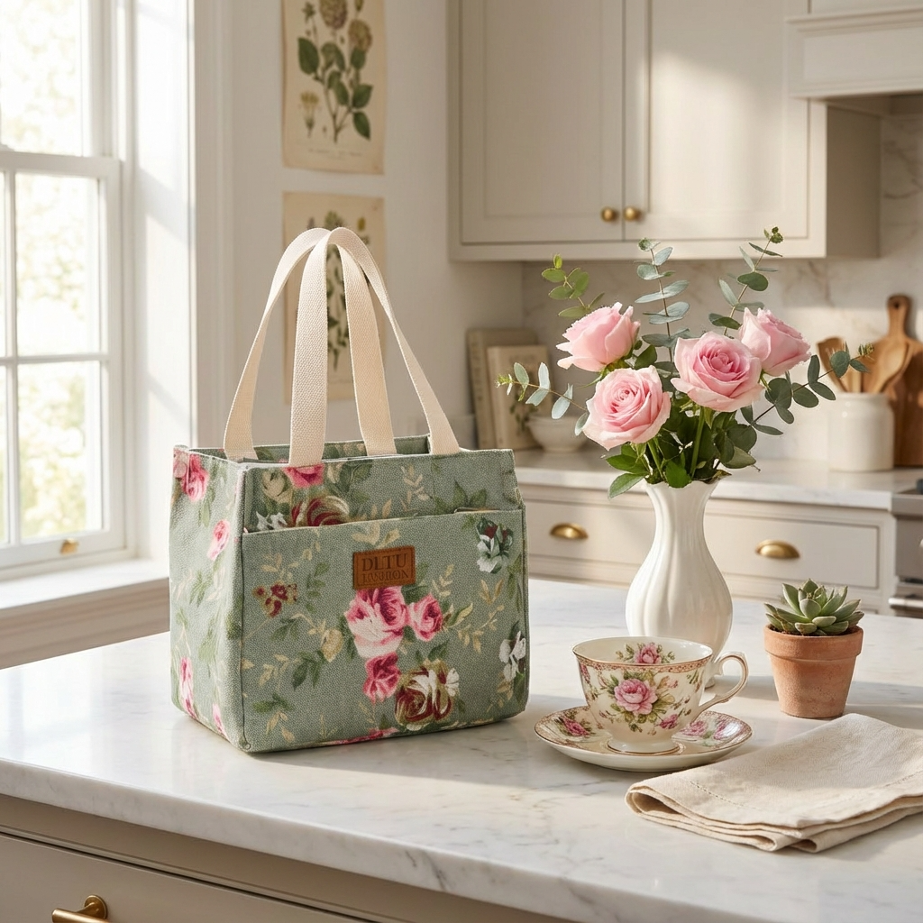 Lunch bag fleuri vintage sur table avec fleurs et thé, ambiance douce et élégante