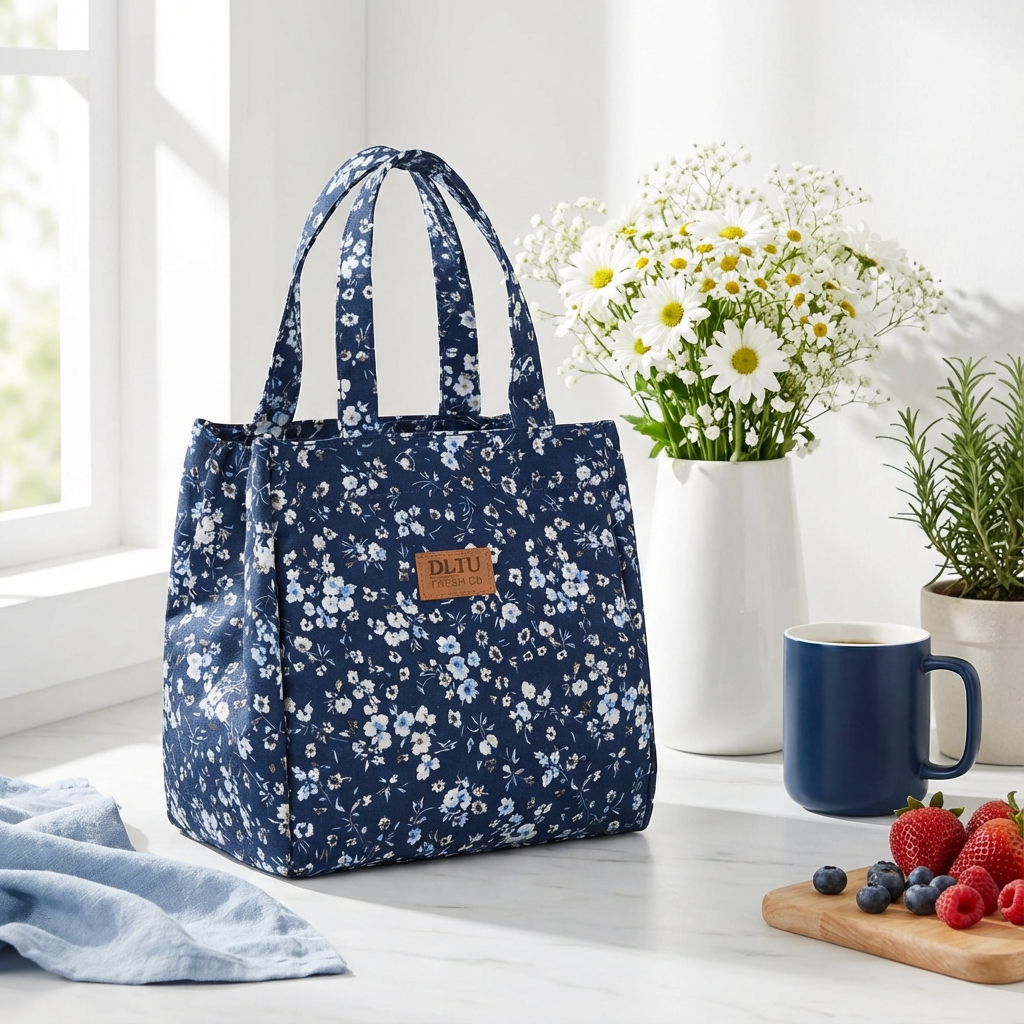Lunch bag floral bleu dans une cuisine lumineuse, pause déjeuner saine et élégante