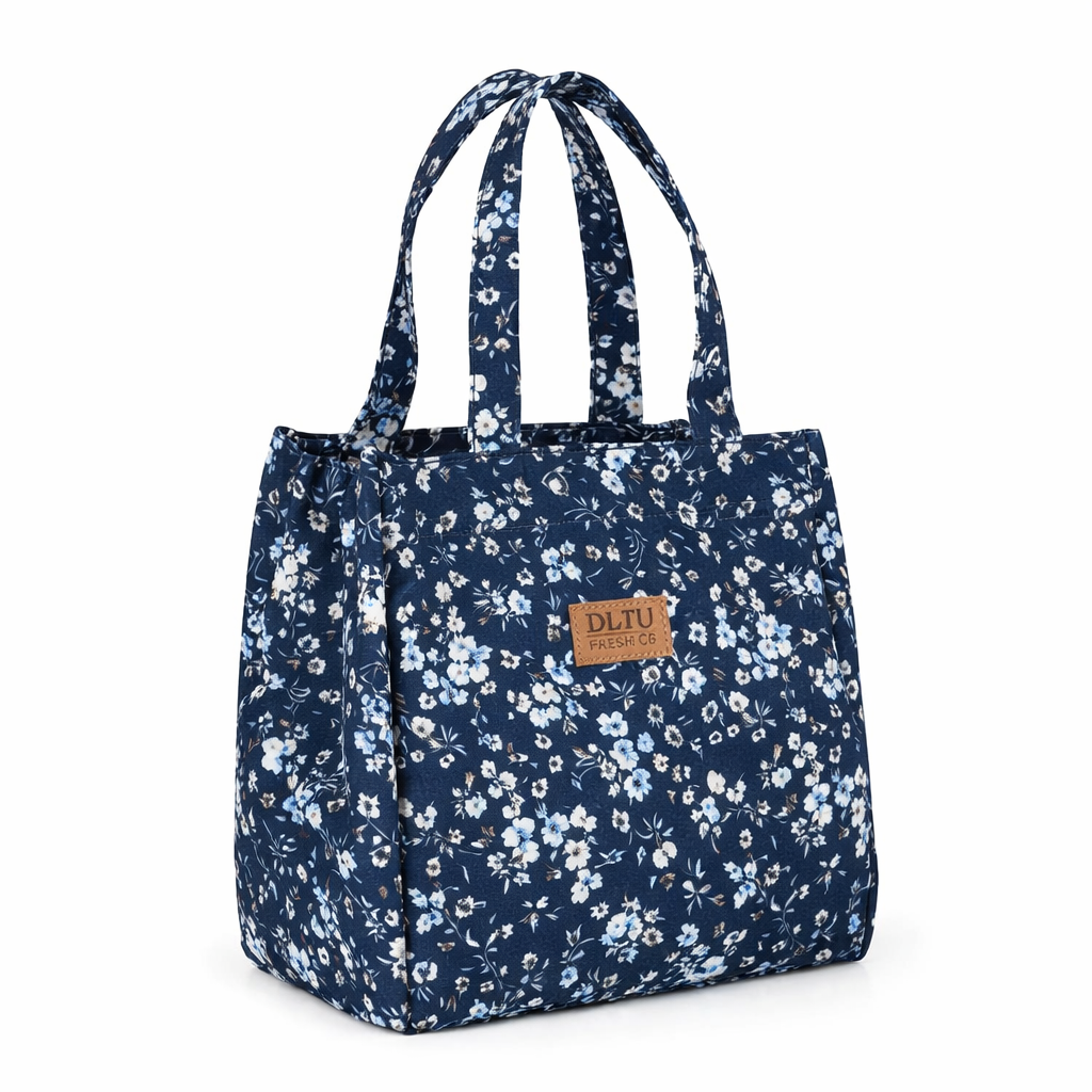 Lunch bag floral chic bleu marine, sac isotherme élégant à motifs fleuris FrescoLunch™, fond blanc