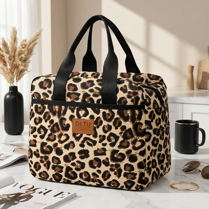 Lunch bag isotherme léopard chic posé sur bureau moderne, style femme active, pause déjeuner élégante