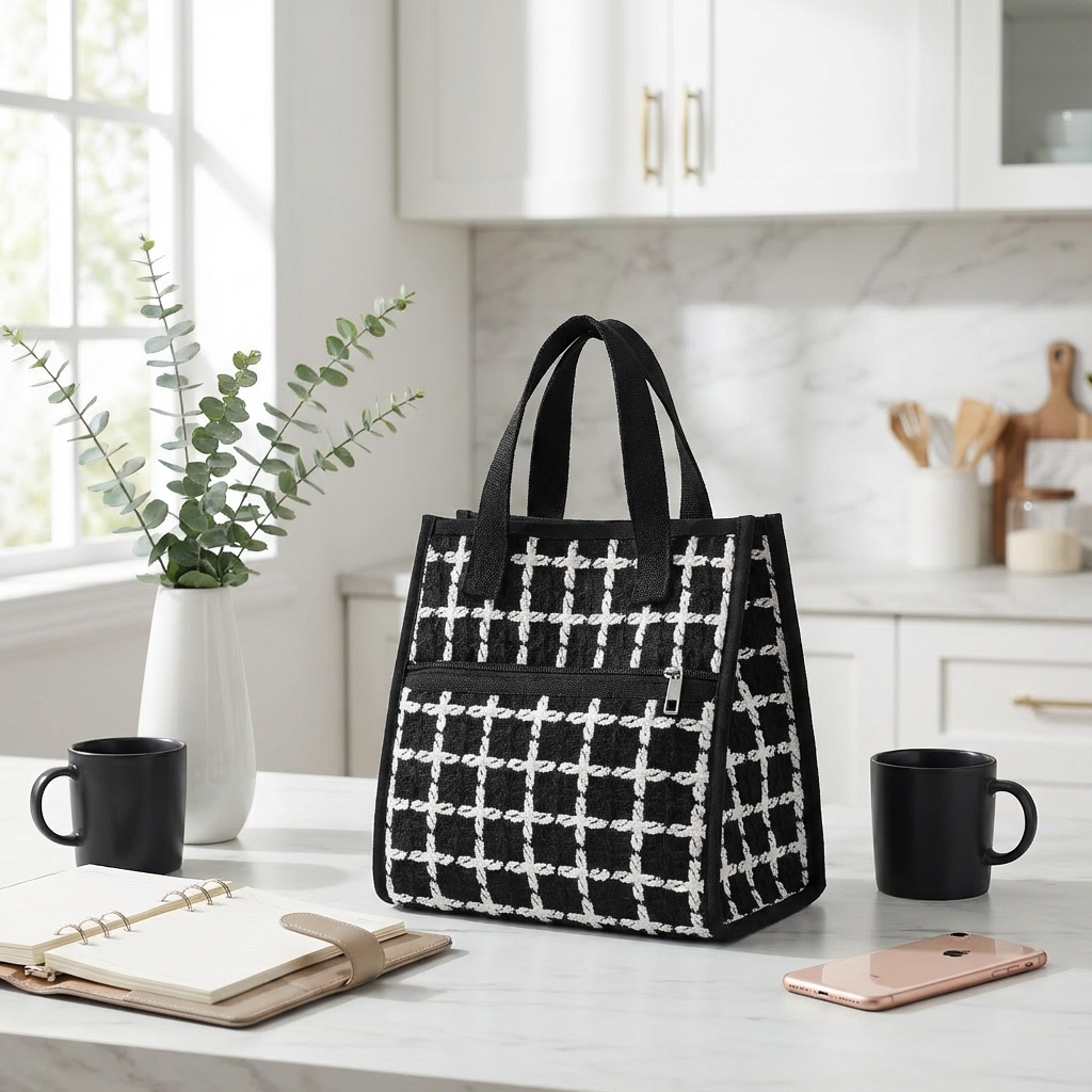 Lunch bag isotherme noir et blanc quadrillé sur plan de travail, style moderne femme active