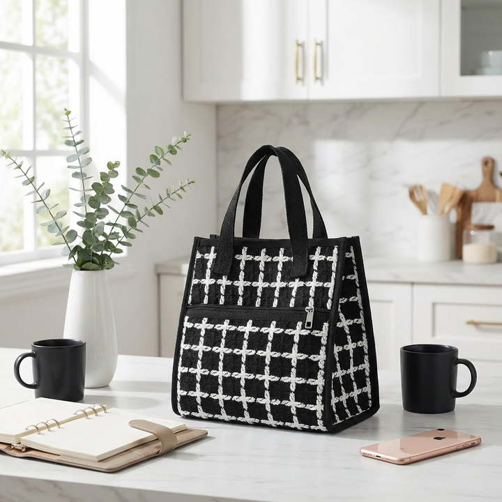Lunch bag isotherme noir et blanc quadrillé sur plan de travail, style moderne femme active