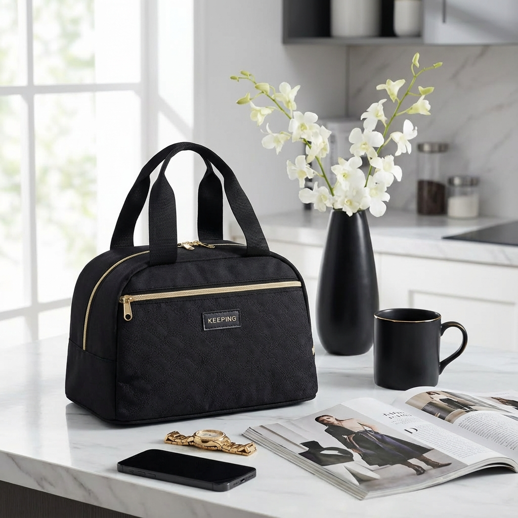 Lunch bag isotherme noir premium avec magazine et café, style femme active élégante
