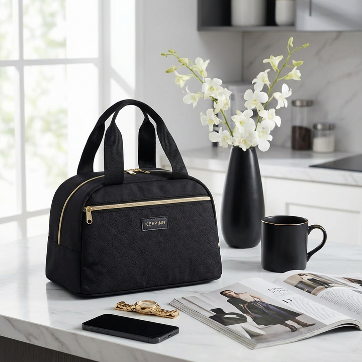 Lunch bag isotherme noir premium avec magazine et café, style femme active élégante