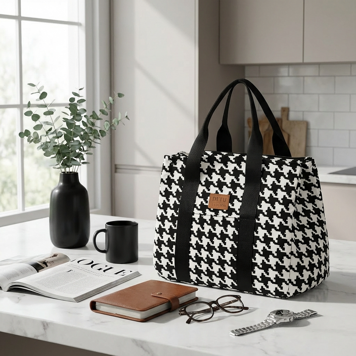 Lunch bag isotherme pied-de-poule posé dans intérieur chic, déjeuner nomade élégant