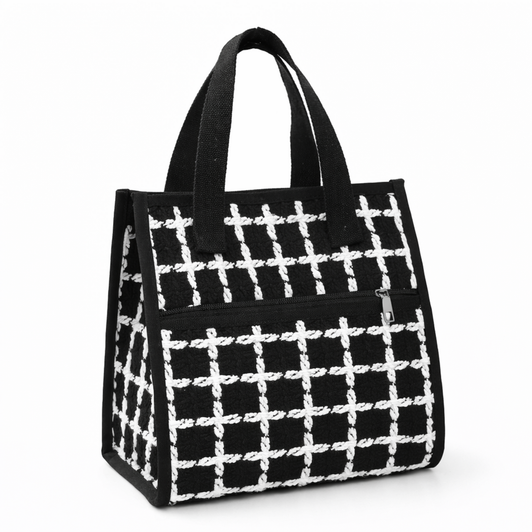 Lunch bag isotherme tweed noir FrescoLunch, sac repas élégant motif quadrillé noir et blanc, fond blanc