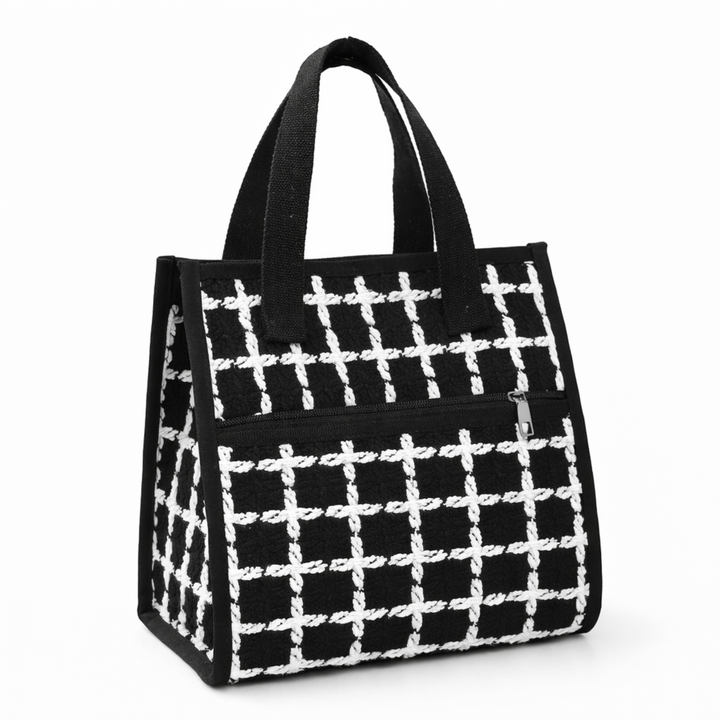 Lunch bag isotherme tweed noir FrescoLunch, sac repas élégant motif quadrillé noir et blanc, fond blanc