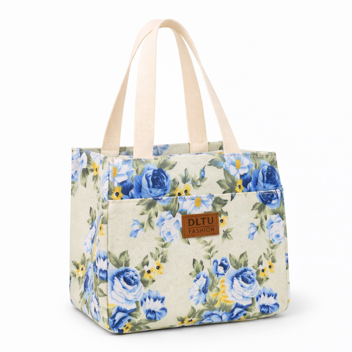 Lunch bag nature douce floral bleu et jaune FrescoLunch, sac isotherme chic pour repas nomade et pause déjeuner