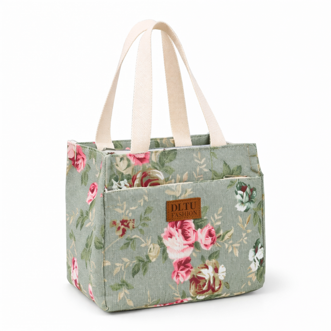 Lunch bag nature douce floral vert sauge FrescoLunch, sac isotherme élégant pour repas au travail et pique-nique