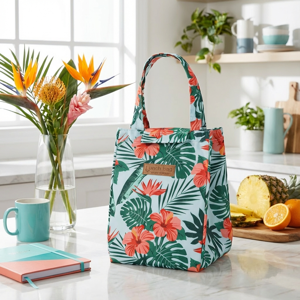 Lunch bag tropical avec fruits frais sur plan de cuisine, déjeuner sain et coloré