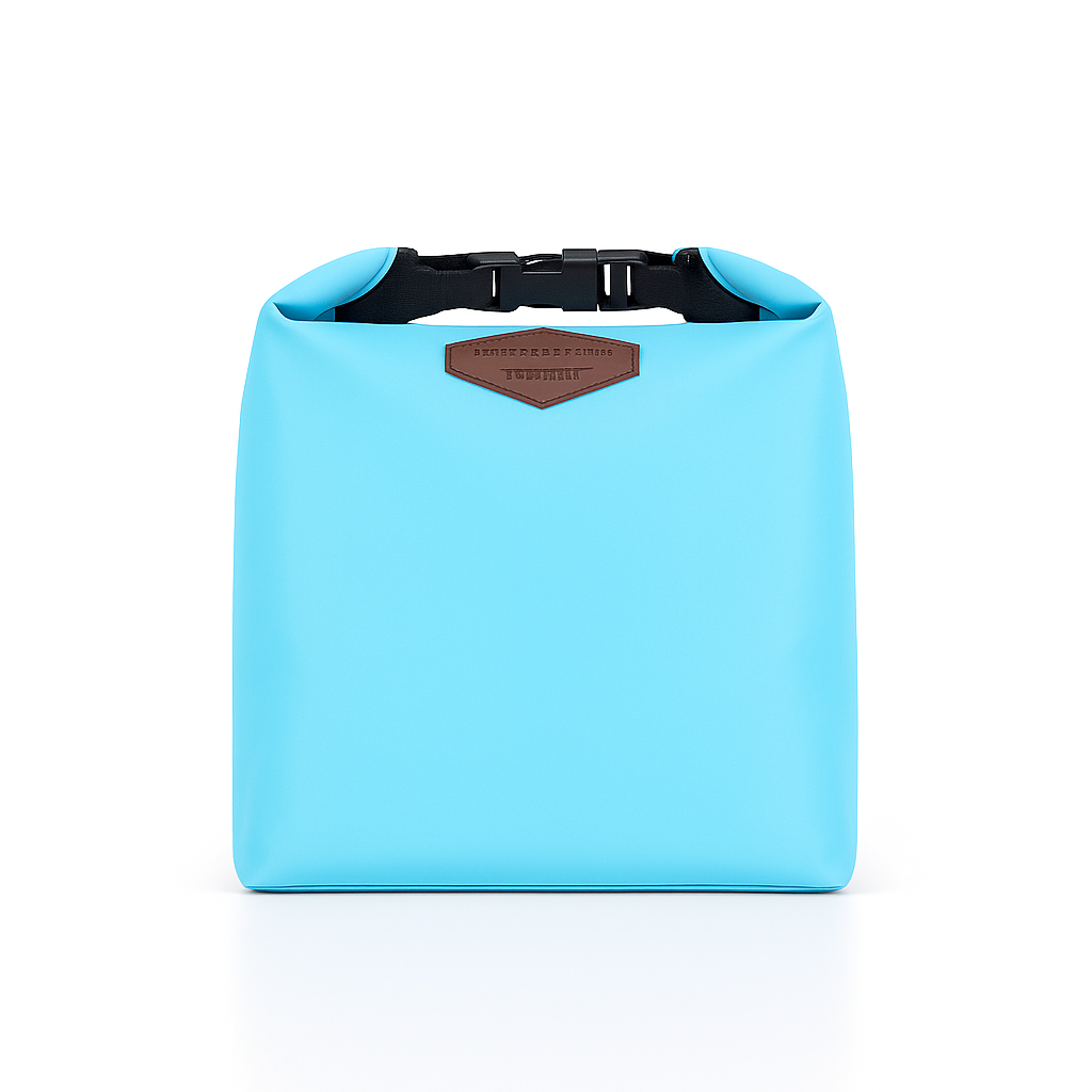 Petit sac à repas isotherme bleu ciel FrescoLunch™, au design épuré et pratique avec fermeture enroulée et étiquette cuir.