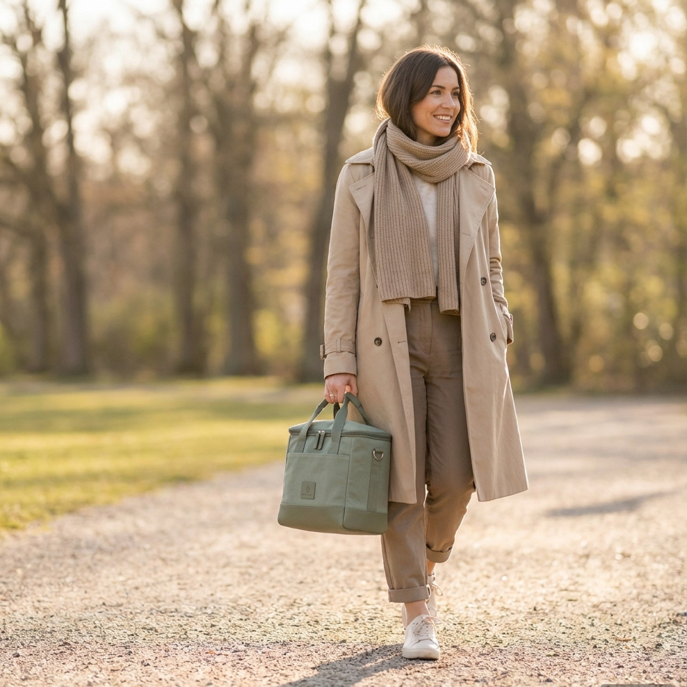 Femme active portant un sac repas isotherme vert sauge FrescoLunch lors d’une promenade en extérieur, ambiance naturelle et élégante.