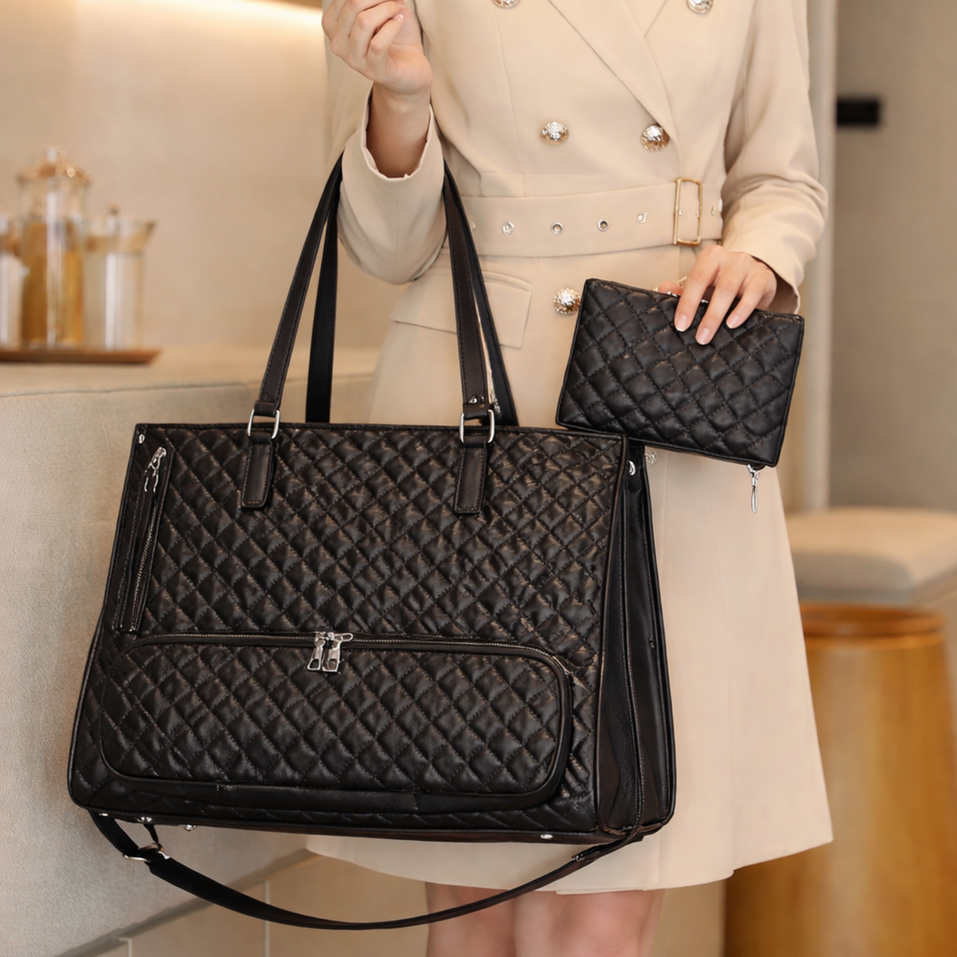 Sac isotherme repas femme chic noir matelassé porté en intérieur élégant – FrescoLunch