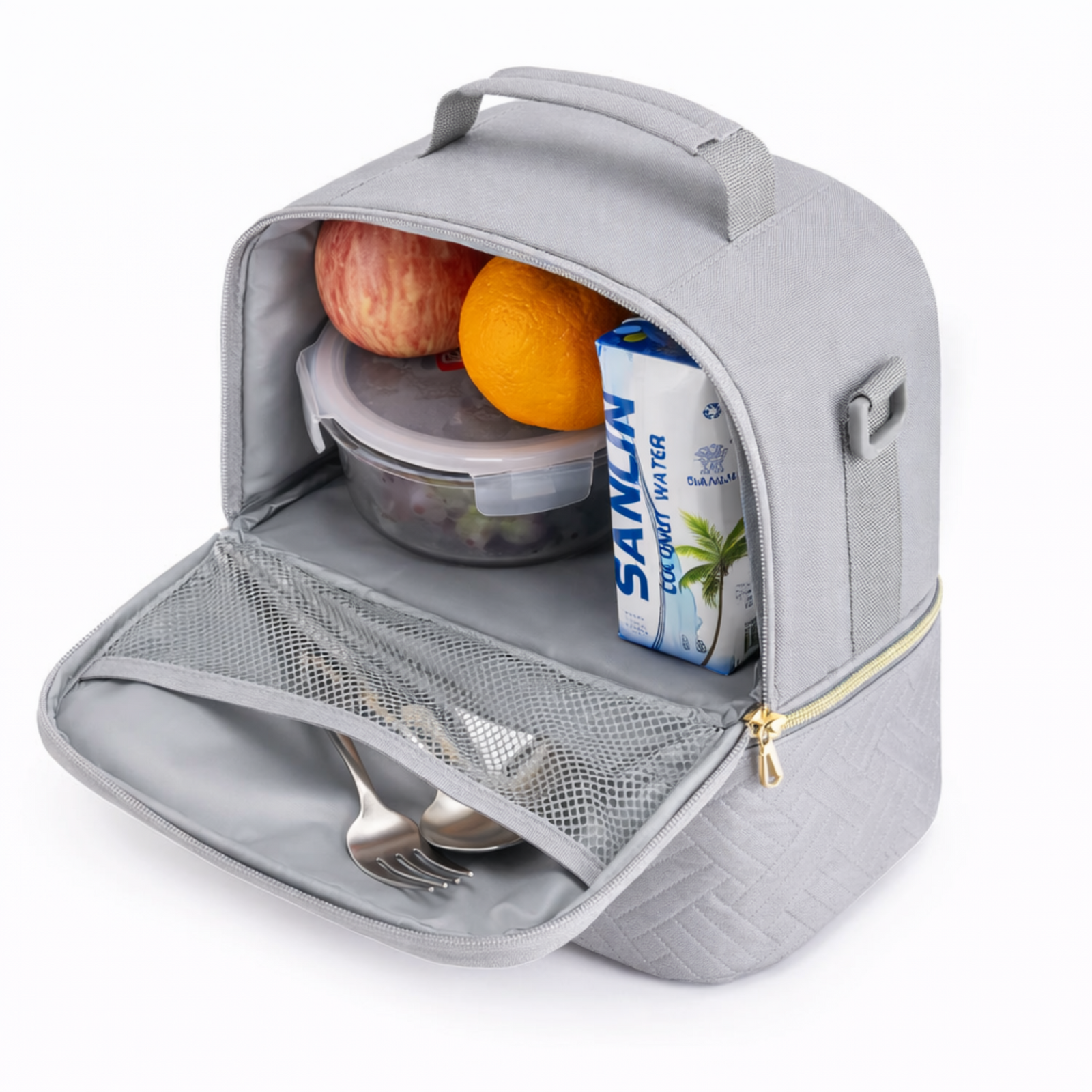 Sac isotherme repas femme gris ouvert montrant compartiment supérieur organisé avec fruits, boisson et accessoires
