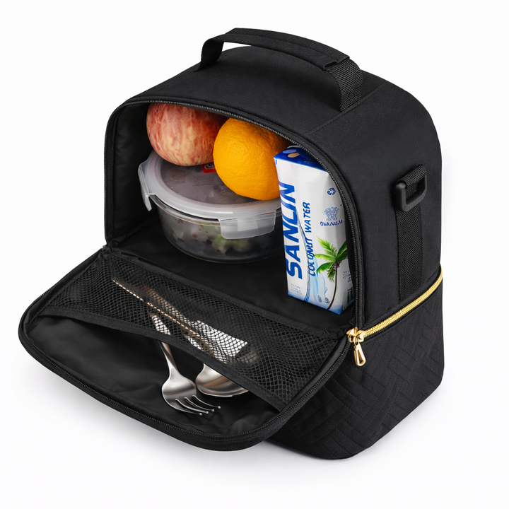 Sac isotherme repas femme noir avec compartiments, lunch box et fruits visibles, organisation pratique -FrescoLunch fond blanc