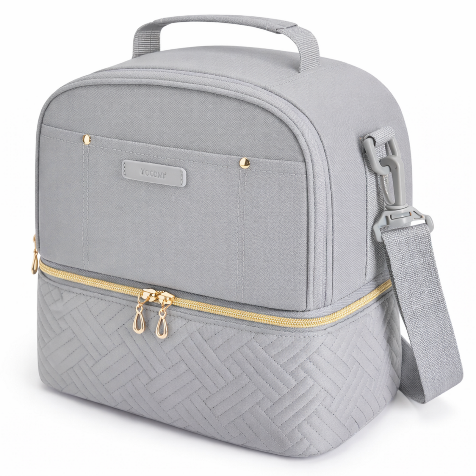 Sac isotherme repas femme gris avec double compartiment, style chic et moderne, zip doré