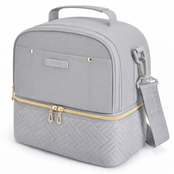 Sac isotherme repas femme gris avec double compartiment, style chic et moderne, zip doré