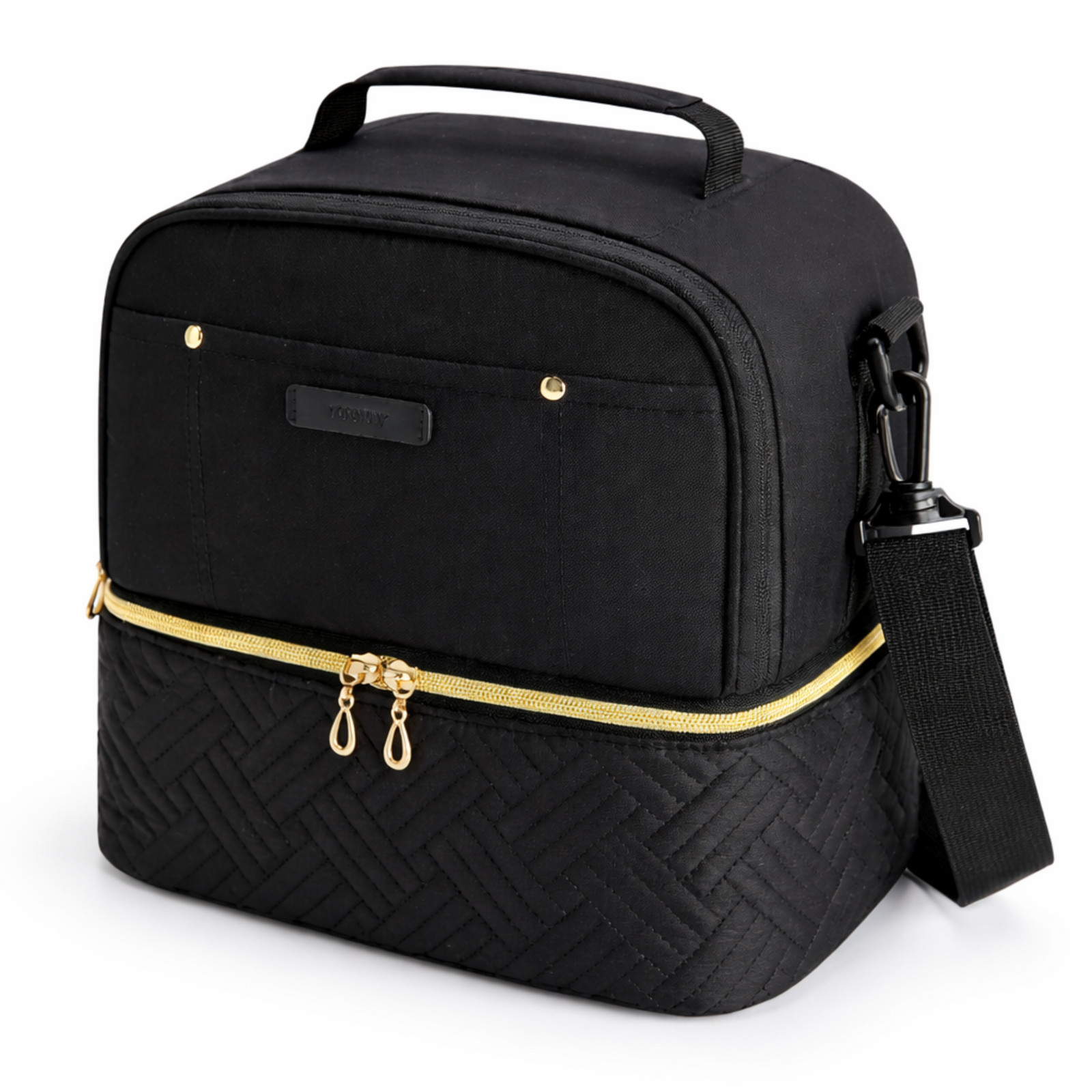 Sac isotherme repas femme noir élégant avec double compartiment, design premium et finitions zip dorées