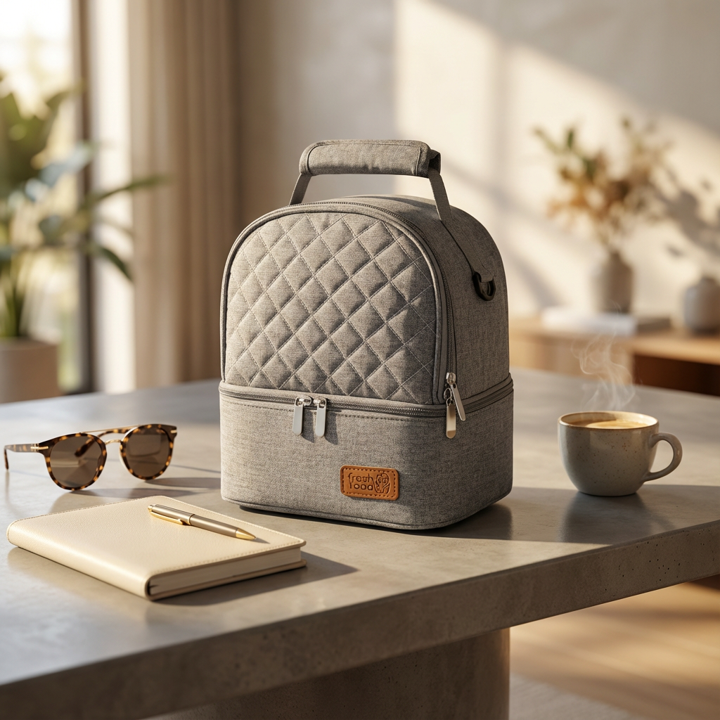 Sac isotherme repas femme gris élégant avec double compartiment posé sur une table, ambiance lifestyle premium avec café et carnet