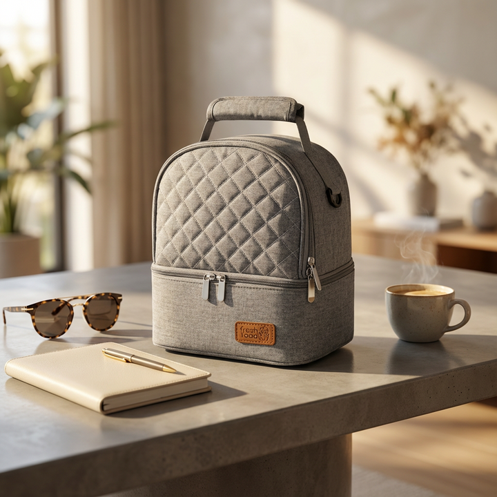 Sac isotherme repas femme gris élégant avec double compartiment posé sur une table, ambiance lifestyle premium avec café et carnet