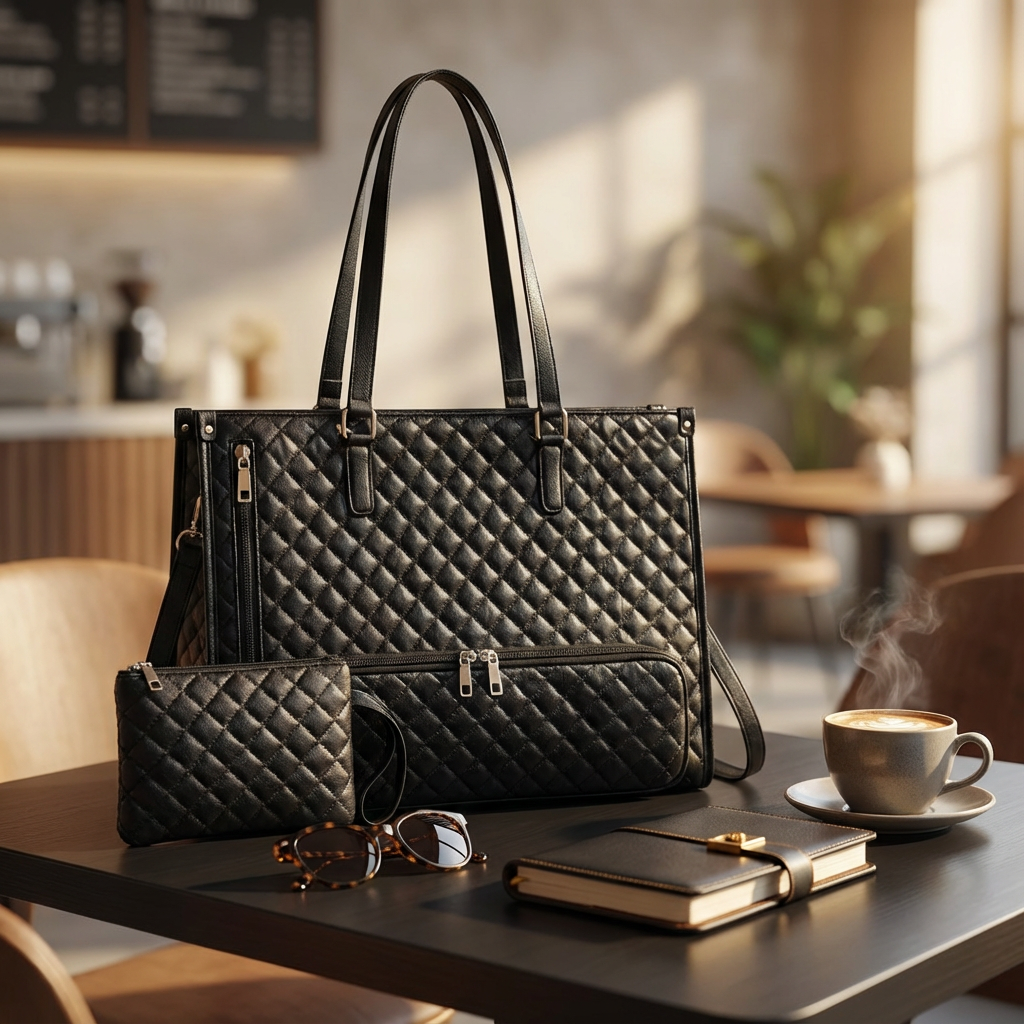 Sac isotherme repas femme noir élégant posé sur une table avec carnet, lunettes et café, style chic et professionnel, idéal pour le bureau et le quotidien