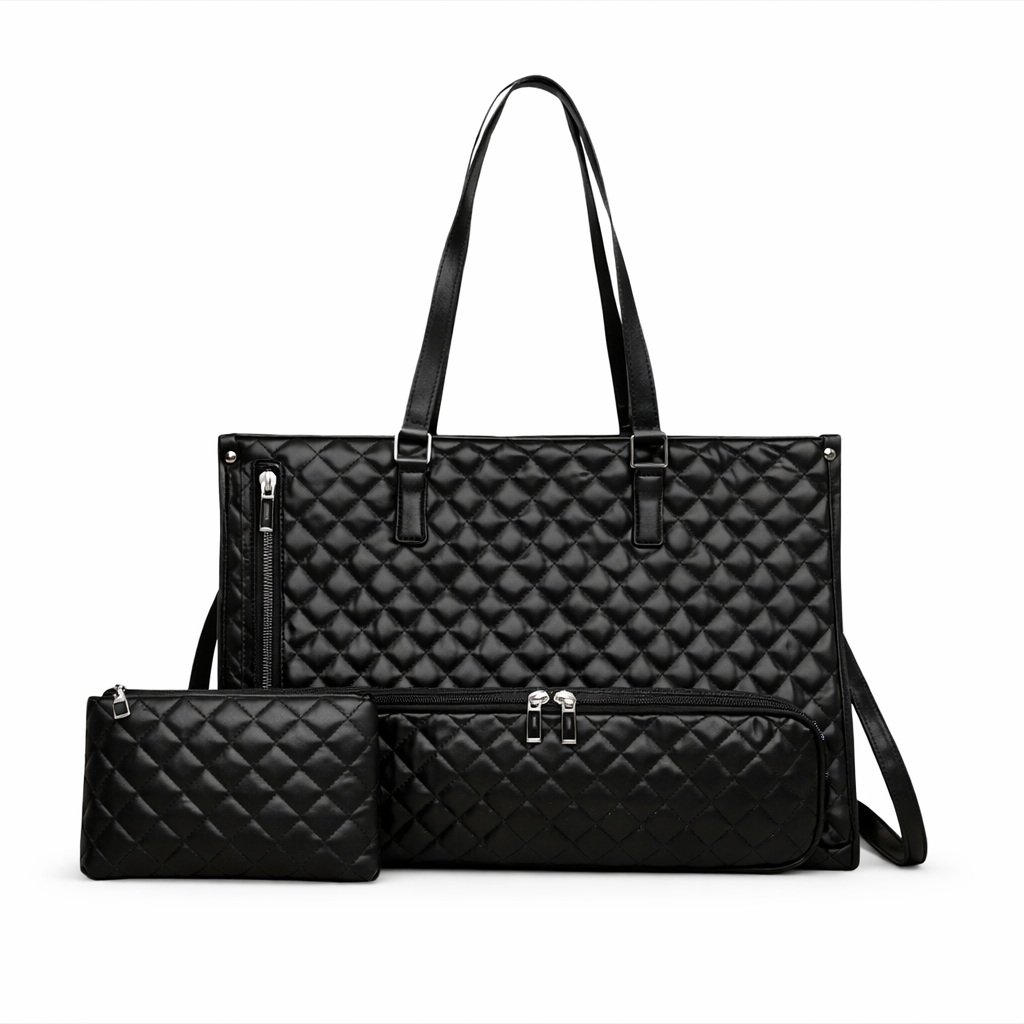Sac repas isotherme femme noir matelassé avec pochette assortie, élégant et pratique pour le bureau FrescoLunch fond blanc