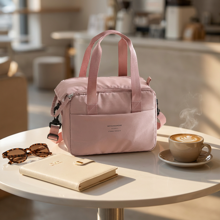 Sac isotherme repas rose posé sur une table avec café, carnet et lunettes, style lifestyle féminin et élégant, idéal pour le bureau et les sorties