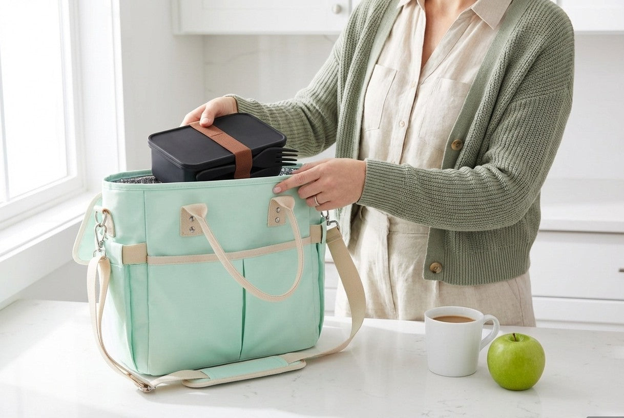 Sac isotherme repas cabas couleur sauge avec lunch box, femme active en cuisine, FrescoLunch 