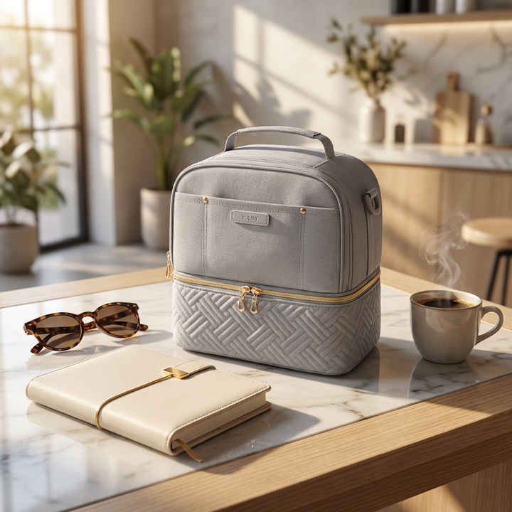 Sac isotherme repas gris FrescoLunch posé sur une table en marbre dans un intérieur moderne, ambiance lifestyle chic avec café et accessoires.