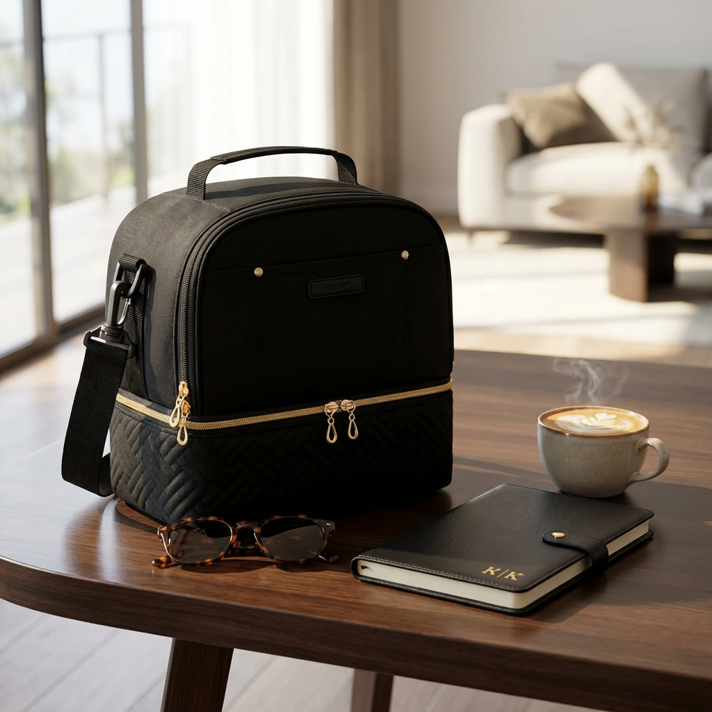 Sac isotherme repas noir FrescoLunch posé sur une table de bureau avec carnet, lunettes et tasse de café, mise en scène lifestyle élégante