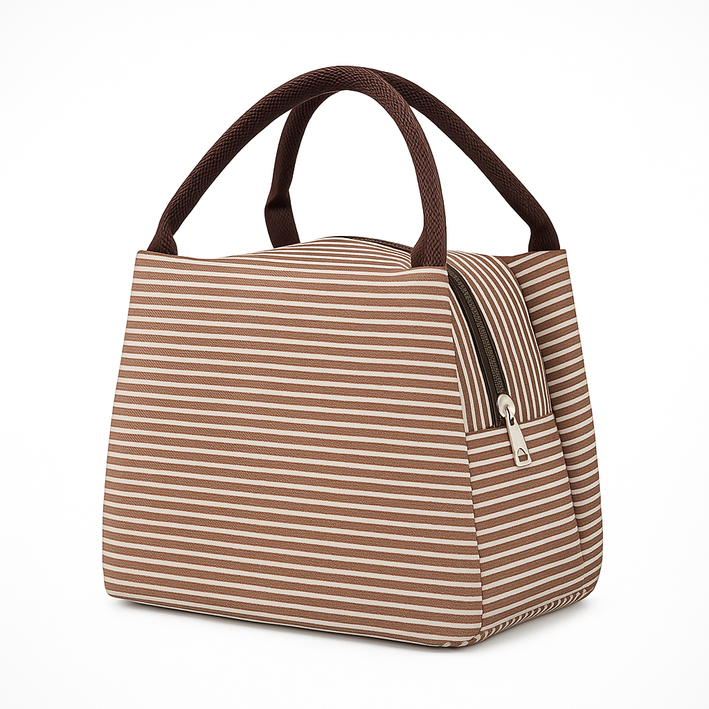 Sac isotherme repas FrescoLunch à rayures marron et beige avec poignées marron foncé, fond blanc