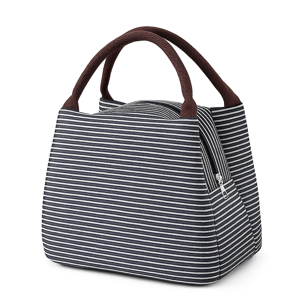 Sac isotherme repas FrescoLunch à rayures noires et blanches avec poignées marron, fond blanc.