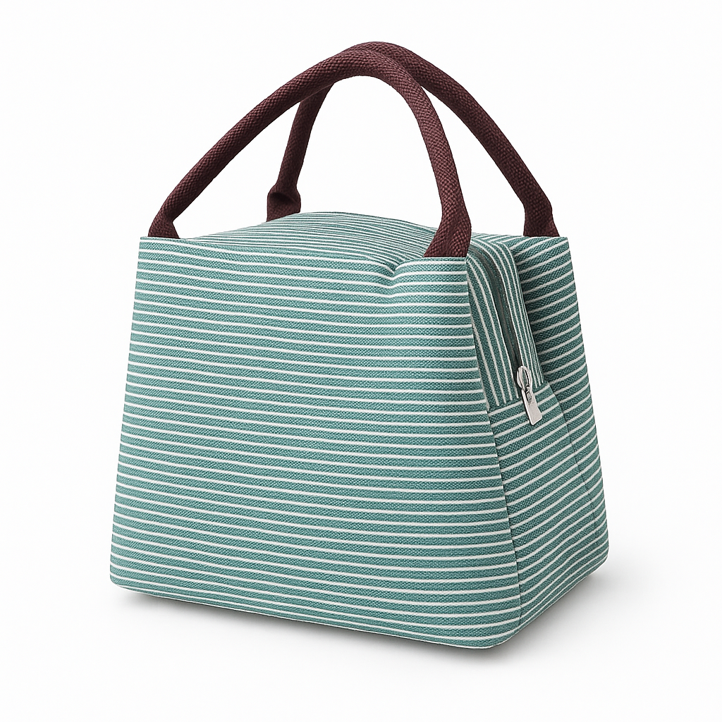 Sac isotherme repas FrescoLunch rayé vert sauge avec poignées marron, fond blanc