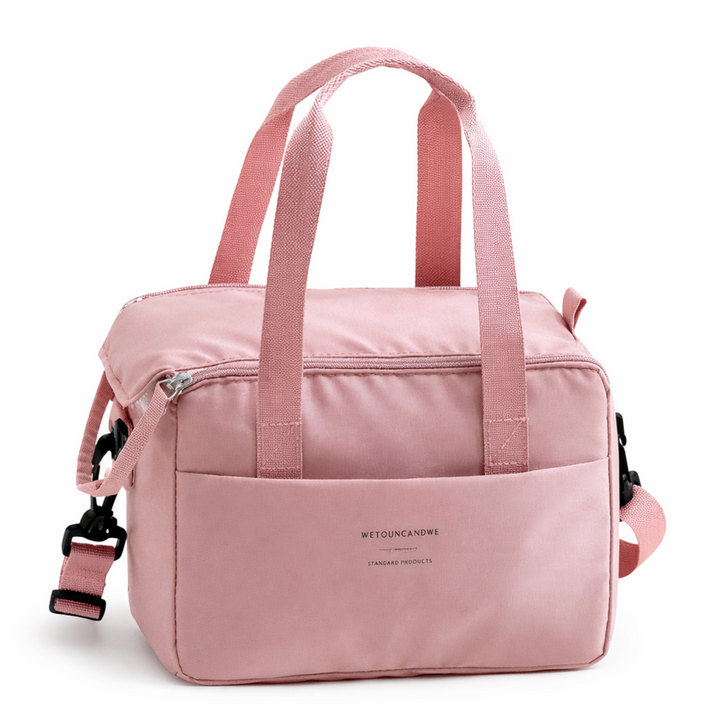 Sac isotherme repas rose compact avec poignées et bandoulière pour femme active FrescoLunch fond blanc