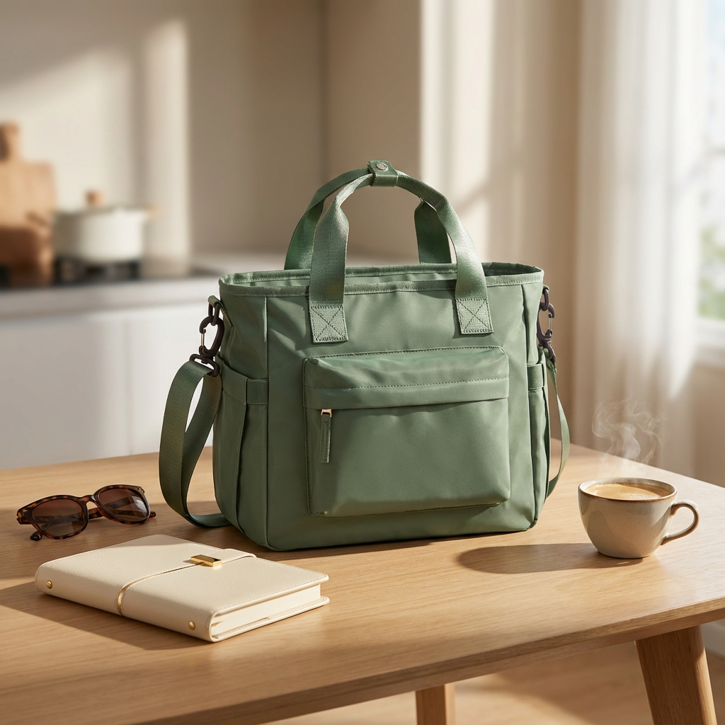 Sac isotherme repas vert grande capacité posé sur une table avec carnet, lunettes et café, idéal pour déjeuner au travail