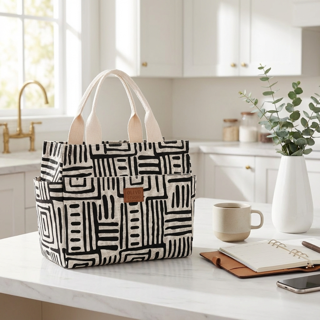 Sac lunch graphique noir dans cuisine minimaliste, style épuré et élégant