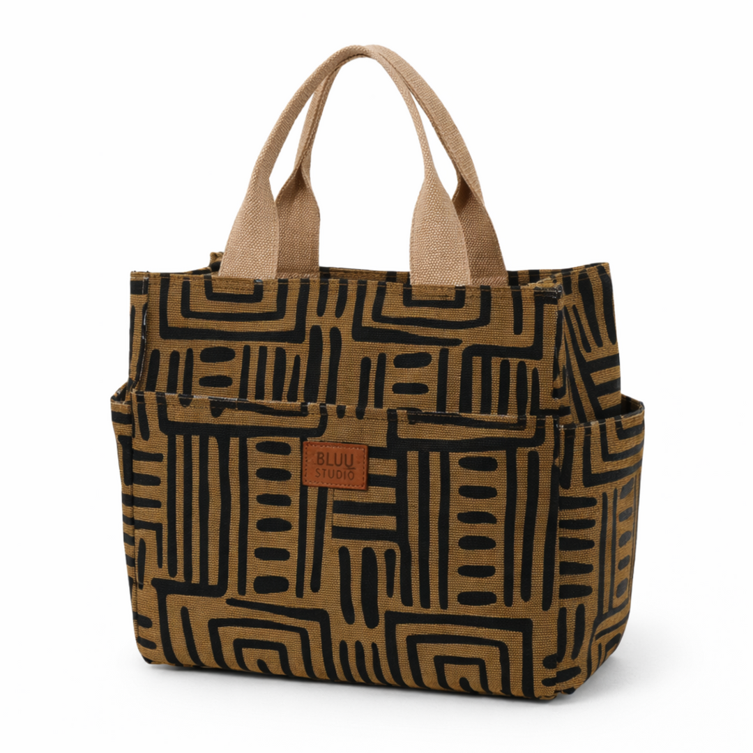 Sac lunch graphite moderne camel graphique FrescoLunch, design contemporain chic, fond blanc