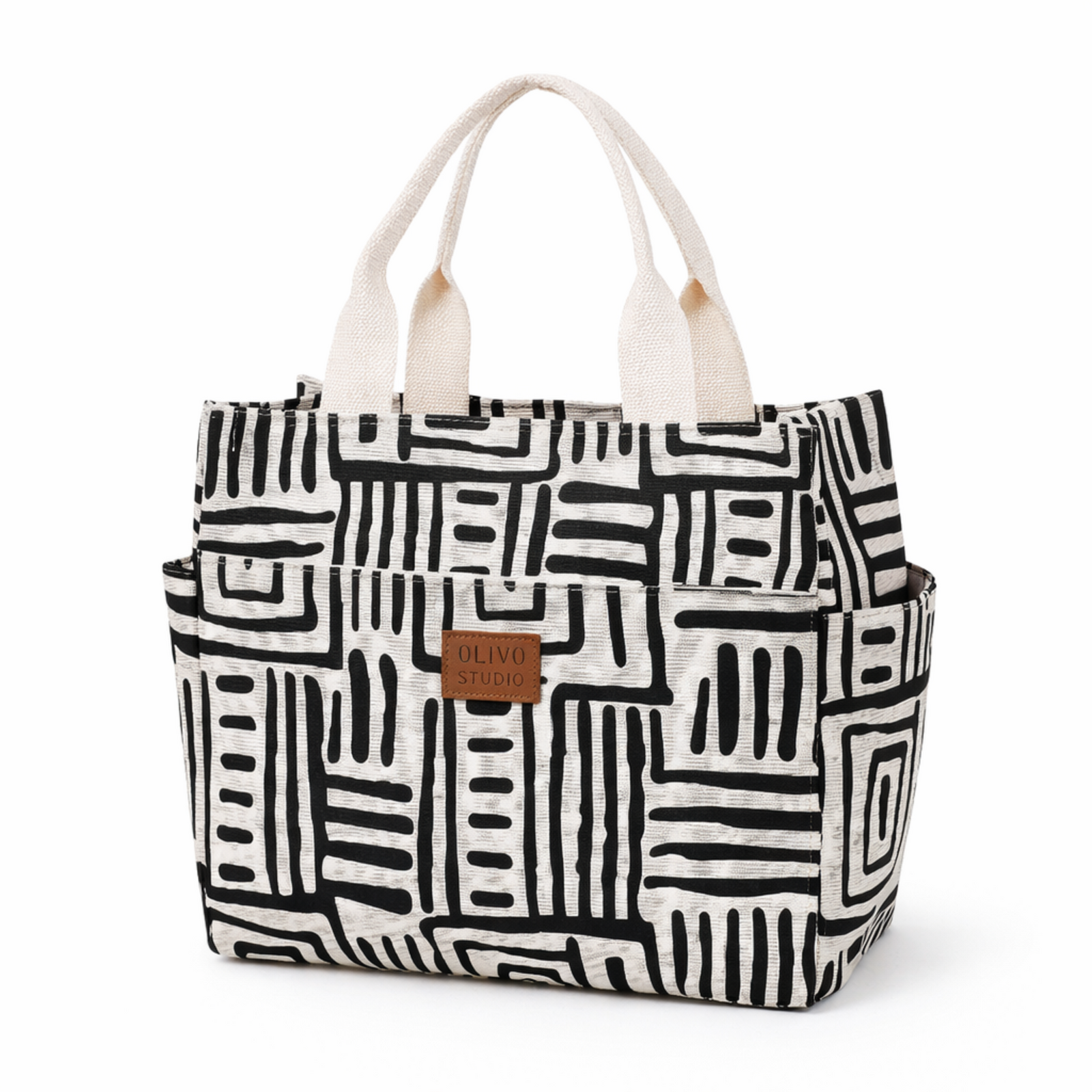 Sac lunch graphite moderne noir et blanc graphique FrescoLunch, style urbain élégant, fond blanc