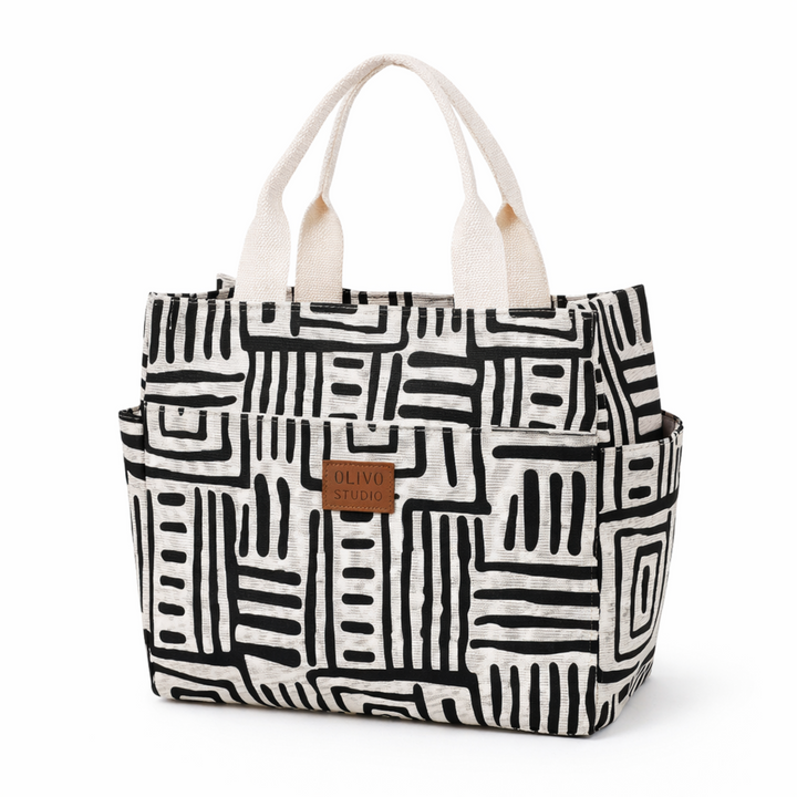 Sac lunch graphite moderne noir et blanc graphique FrescoLunch, style urbain élégant, fond blanc