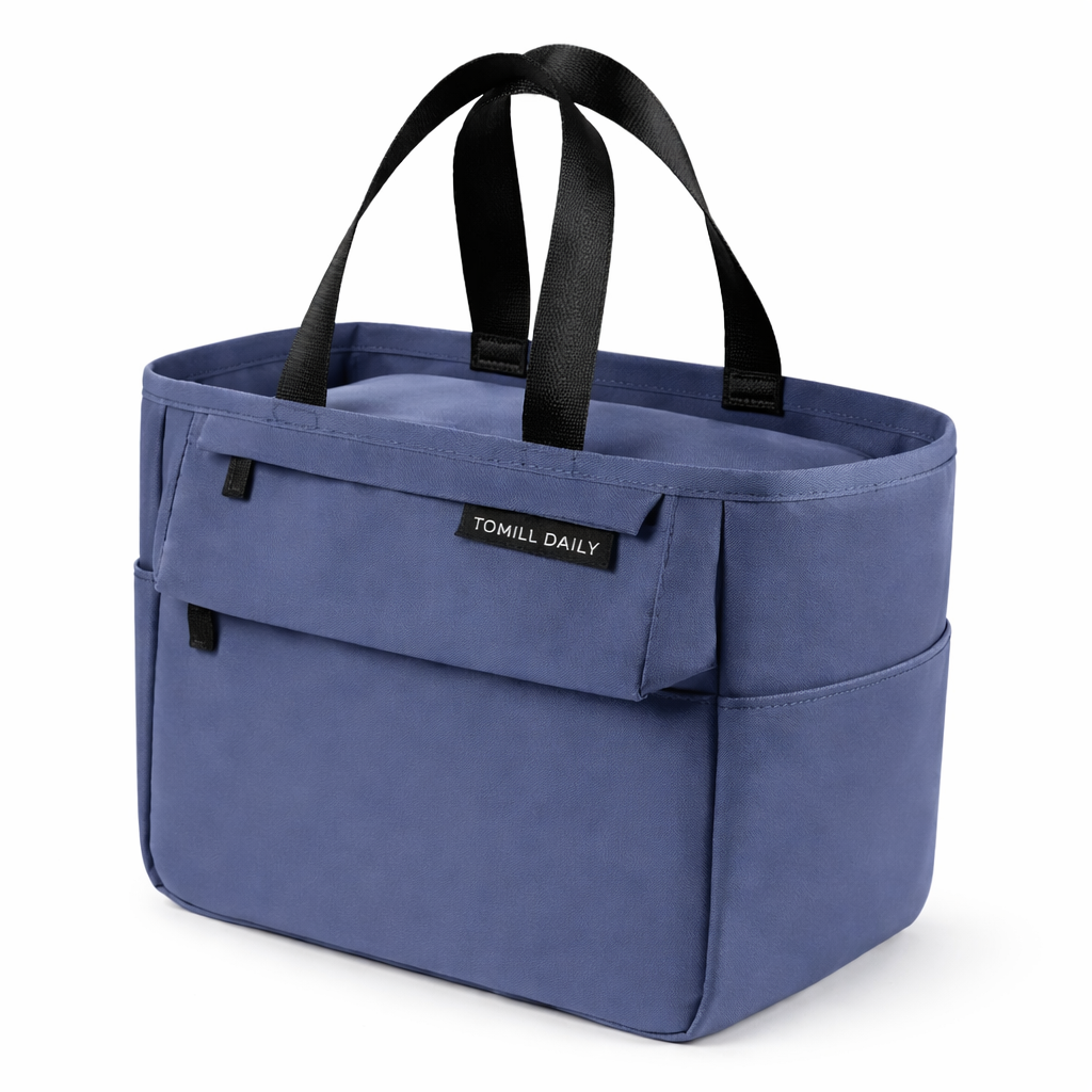 Sac lunch isotherme grande capacité bleu, format spacieux avec poignées renforcées pour déjeuner au travail, FrescoLunch, fond blanc