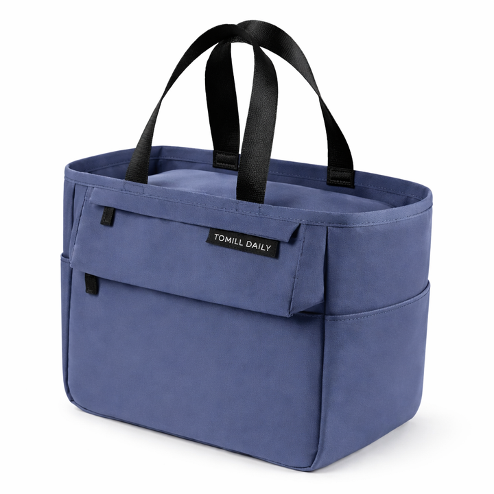 Sac lunch isotherme grande capacité bleu, format spacieux avec poignées renforcées pour déjeuner au travail, FrescoLunch, fond blanc