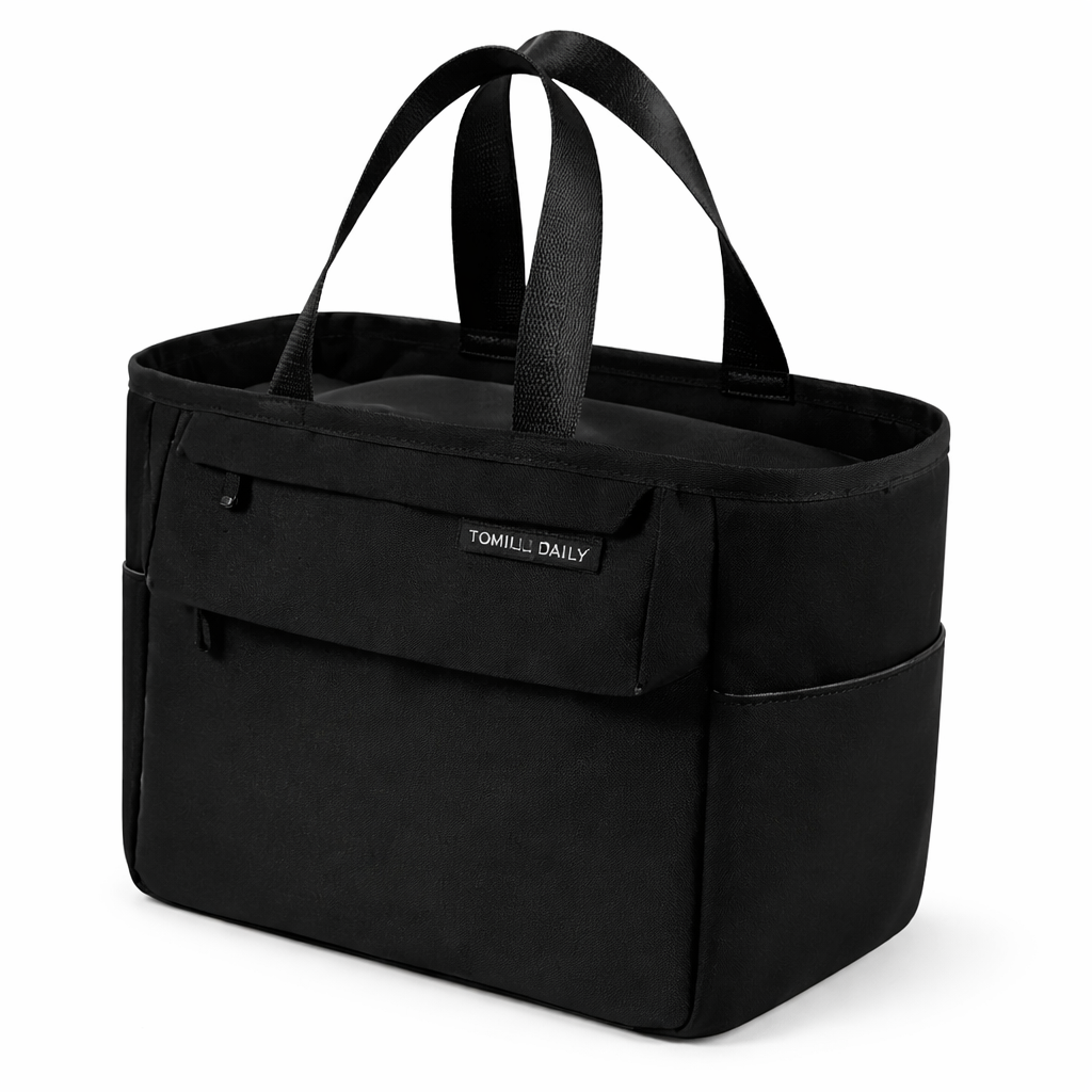 Sac lunch isotherme grande capacité noir, design structuré avec poches frontales, idéal pour repas bureau et déplacements, FrescoLunch, fond blanc
