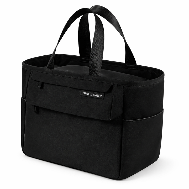 Sac lunch isotherme grande capacité noir, design structuré avec poches frontales, idéal pour repas bureau et déplacements, FrescoLunch, fond blanc