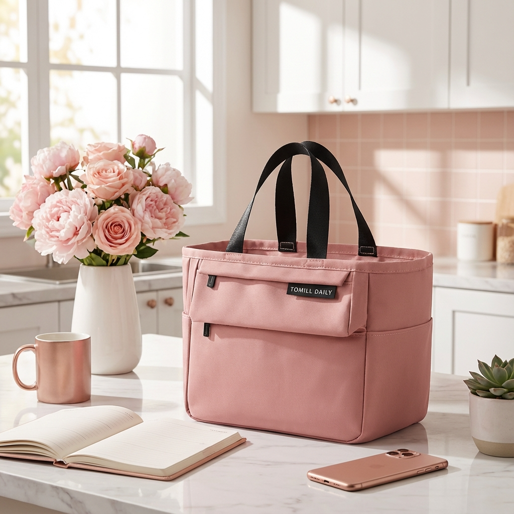 Sac lunch isotherme rose urbain sur plan de cuisine, style féminin et moderne
